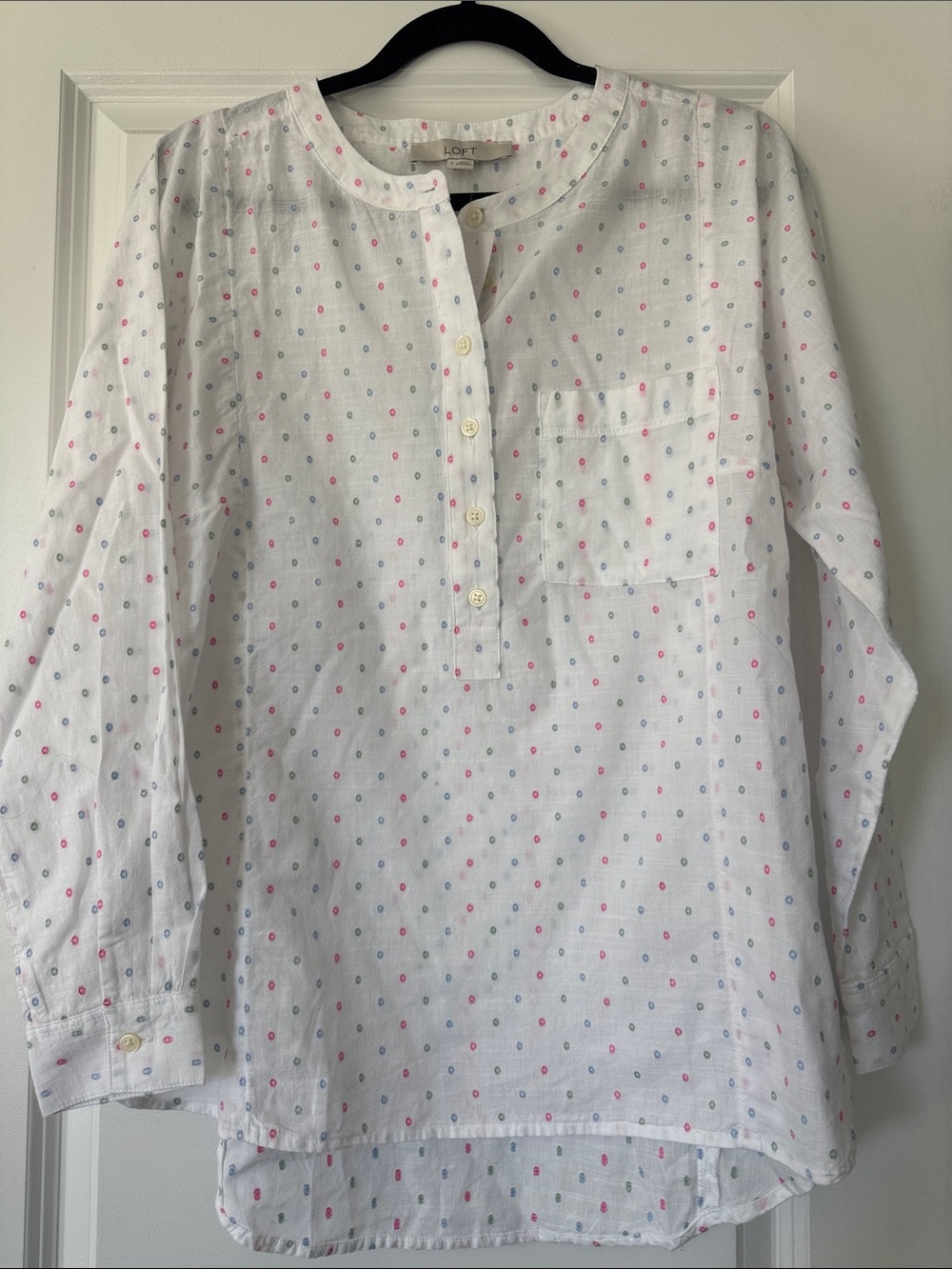 LOFT White Henley Tunic with Pink & Blue Dot Detail